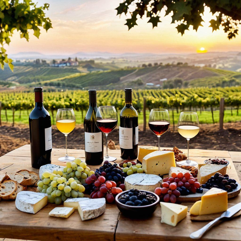 A beautifully arranged wine tasting table, featuring an assortment of elegant wine glasses filled with rich red and white wines, surrounded by an array of gourmet cheeses, fruits, and artisanal breads. In the background, a scenic vineyard under a golden sunset, evoking a sense of tranquility and joy. The atmosphere is warm and inviting, perfect for culinary exploration. super-realistic. vibrant colors. serene setting.