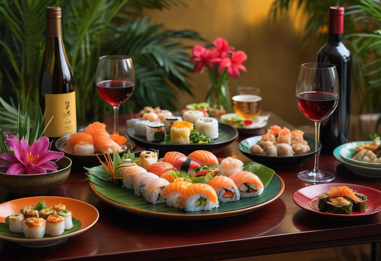 A beautifully arranged table featuring an array of Asian dishes like sushi, dim sum, and spicy noodles, complemented by an elegant selection of exotic wines. Delicate wine glasses sparkling with reflections surround colorful plates, and vibrant garnishes add life to the scene. The background showcases tropical plants and soft lighting to create a warm and inviting atmosphere. super-realistic. vibrant colors. soft glow.