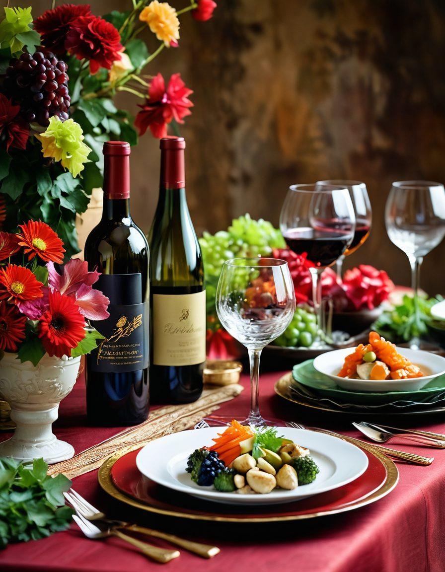 A beautifully arranged table featuring an array of colorful Asian dishes paired with elegant wine glasses. The scene captures the essence of joy and celebration, with vibrant hues of red, gold, and green reflecting the flavors of the food. Soft lighting creates a warm and inviting atmosphere, highlighting the intricate details of the dishes and the glasses. A subtle background showcases lush vineyards, symbolizing the wine's origin and adding depth to the overall composition. digital painting. vibrant colors. warm lighting.